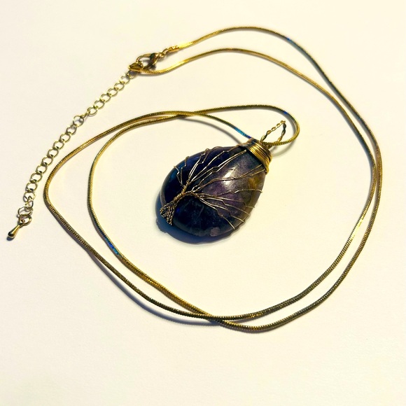 Amethyst & Gold-Tone Wire Wrapped Tree of Life Pendant on 20” Gold-Tone Chain - Picture 3 of 6